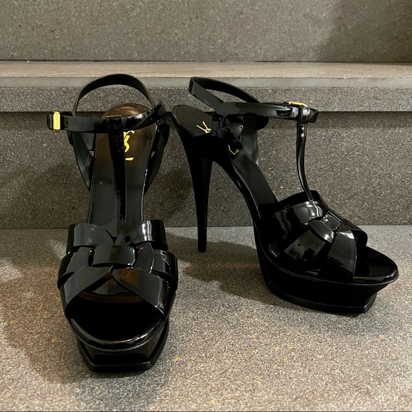 SAINT LAURENT Tribute Platform Sandals 105mm, Black Patent Leather,Sz 41EU(11US) - Picture 5 of 17